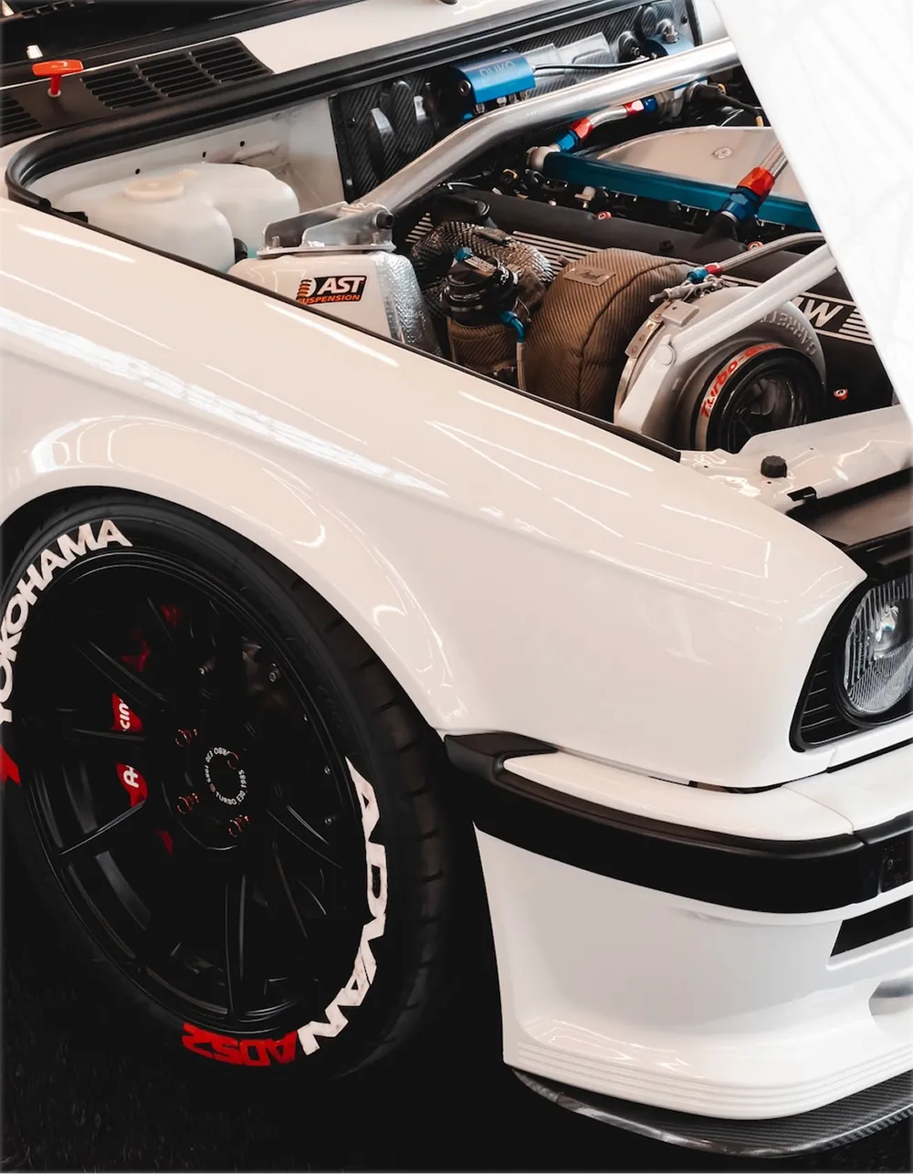 Sports car with the engine bay open