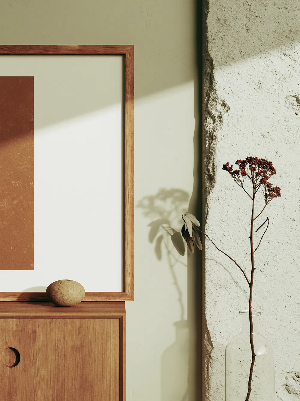 AI-generated interior with a mirror and dried flowers
