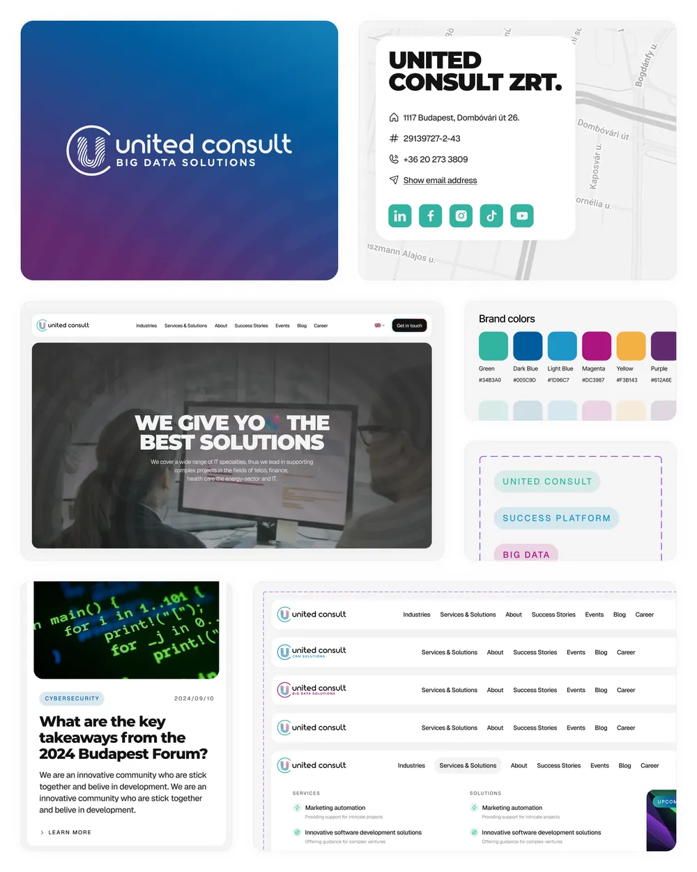 United Consult logo, contact card and website elements
