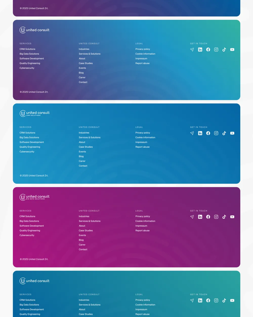 United Consult website footer in four colour variants